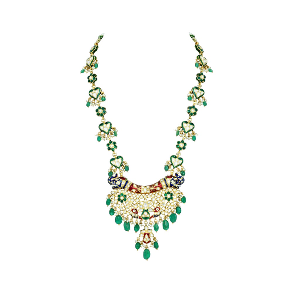 Polki Pendant Necklace with Red-Green Meenakari and Emeralds
